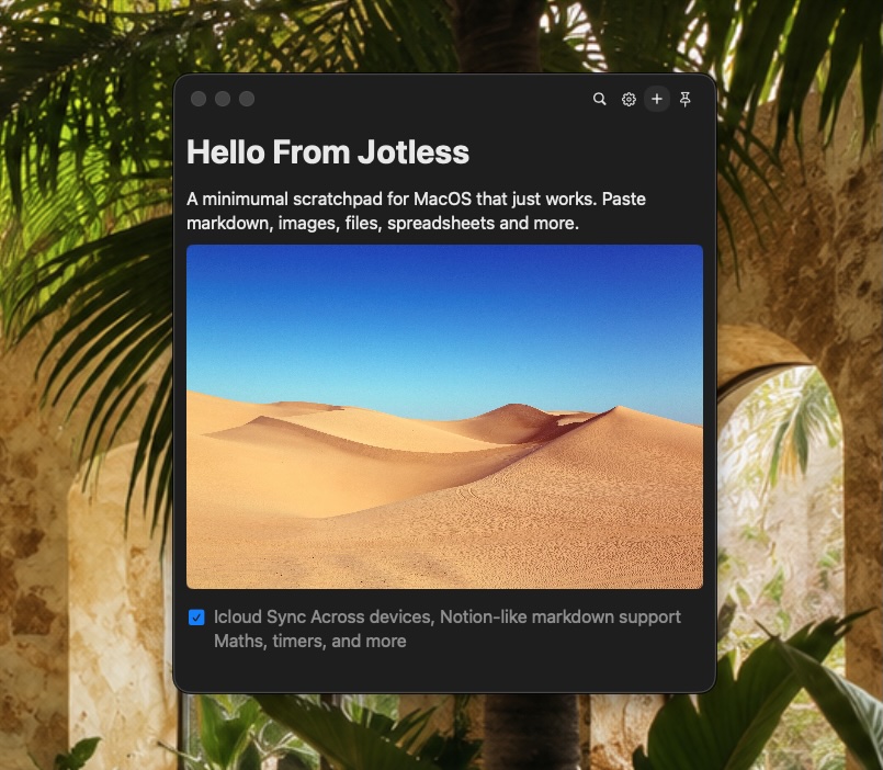 Jotless app screenshot showing a minimal macOS scratchpad.